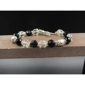 8" Sterling Silver Black Clear Faceted Crystals Bulky Bracelet Vintage Elegant